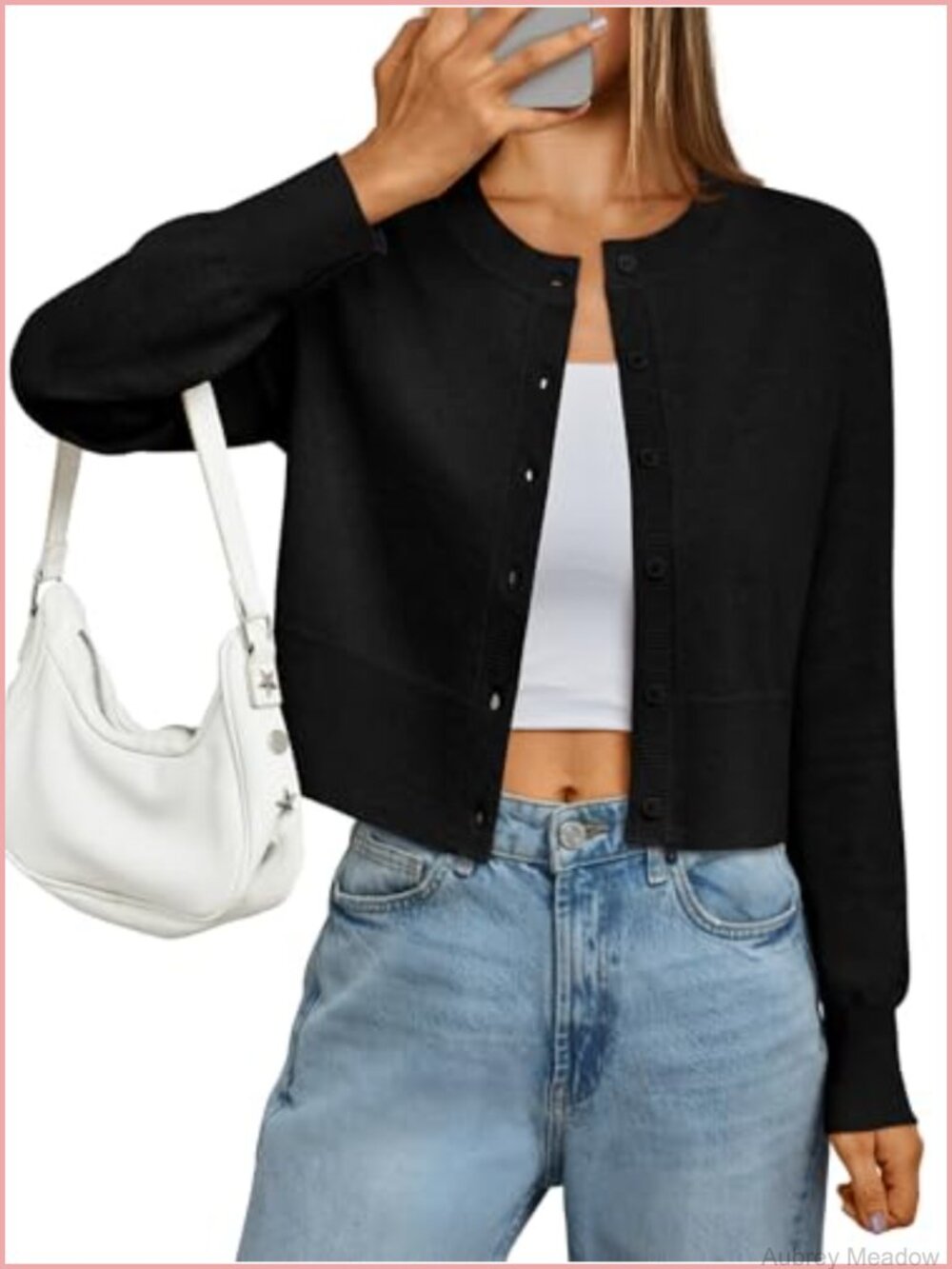 Cropped Lightweight Cardigan Sweater Women Crew Neck Button-up Soft